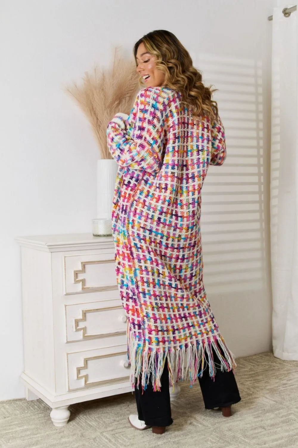 Angel Wings Full Size Multicolored Open Front Fringe Hem Cardigan.