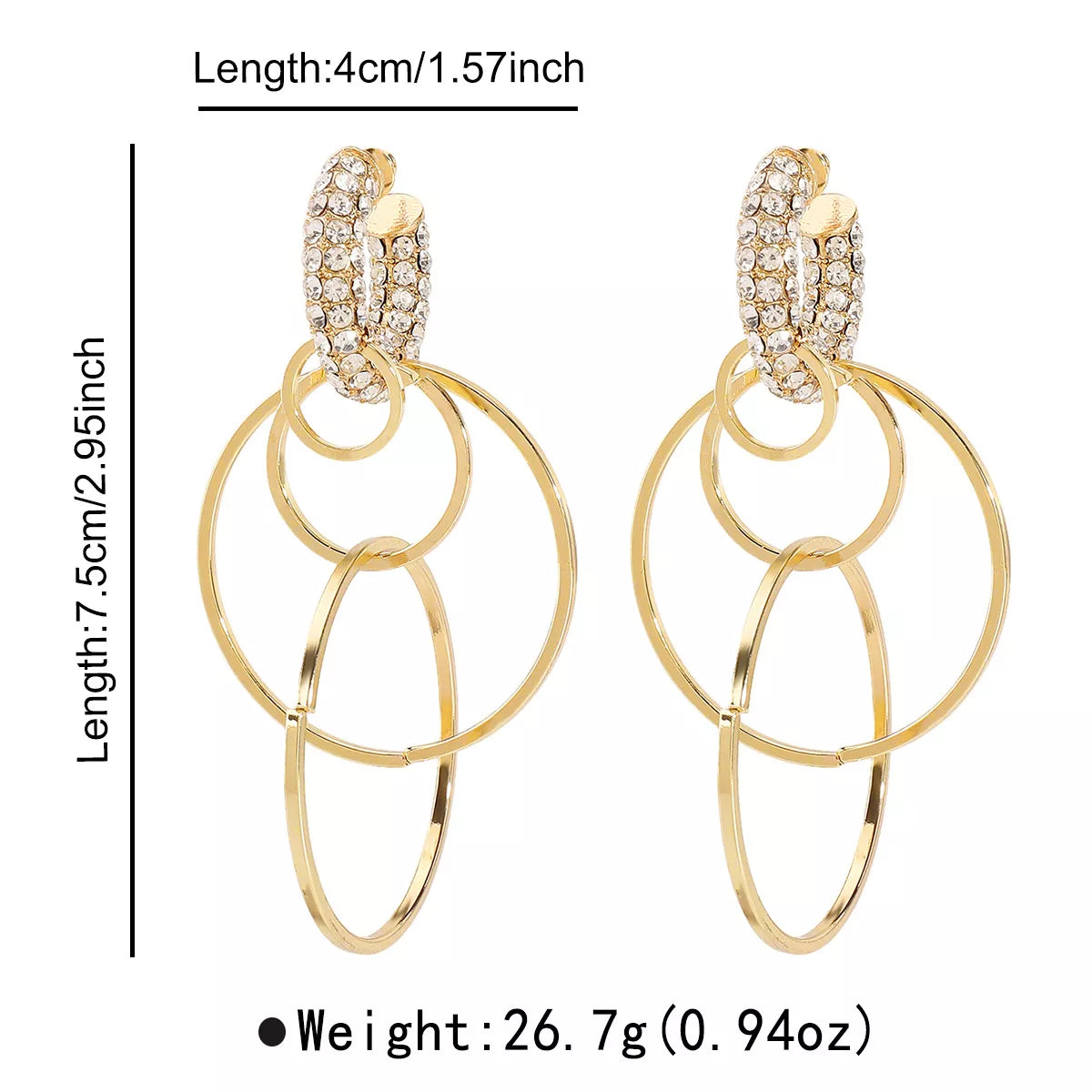 18K gold-plated rhinestone hoop dangle earrings with multiple circles, 7.5cm length, lightweight design