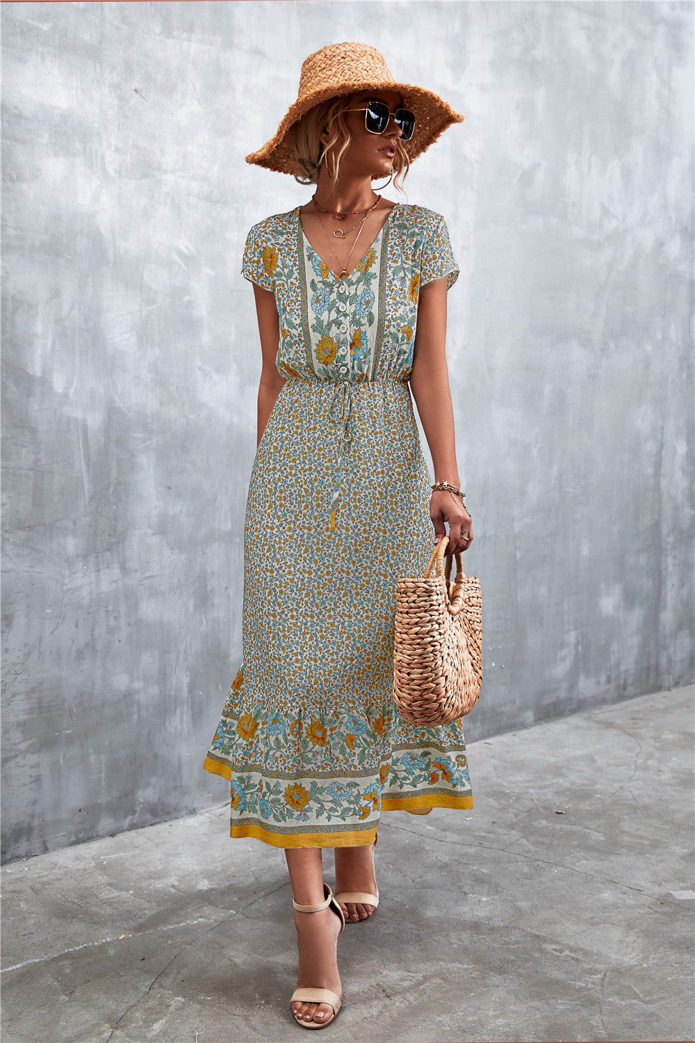 Bohemian Maxi Dress for Women: V-Neck Short Sleeve Printed Maxi Dress - Redemption By Ashley North