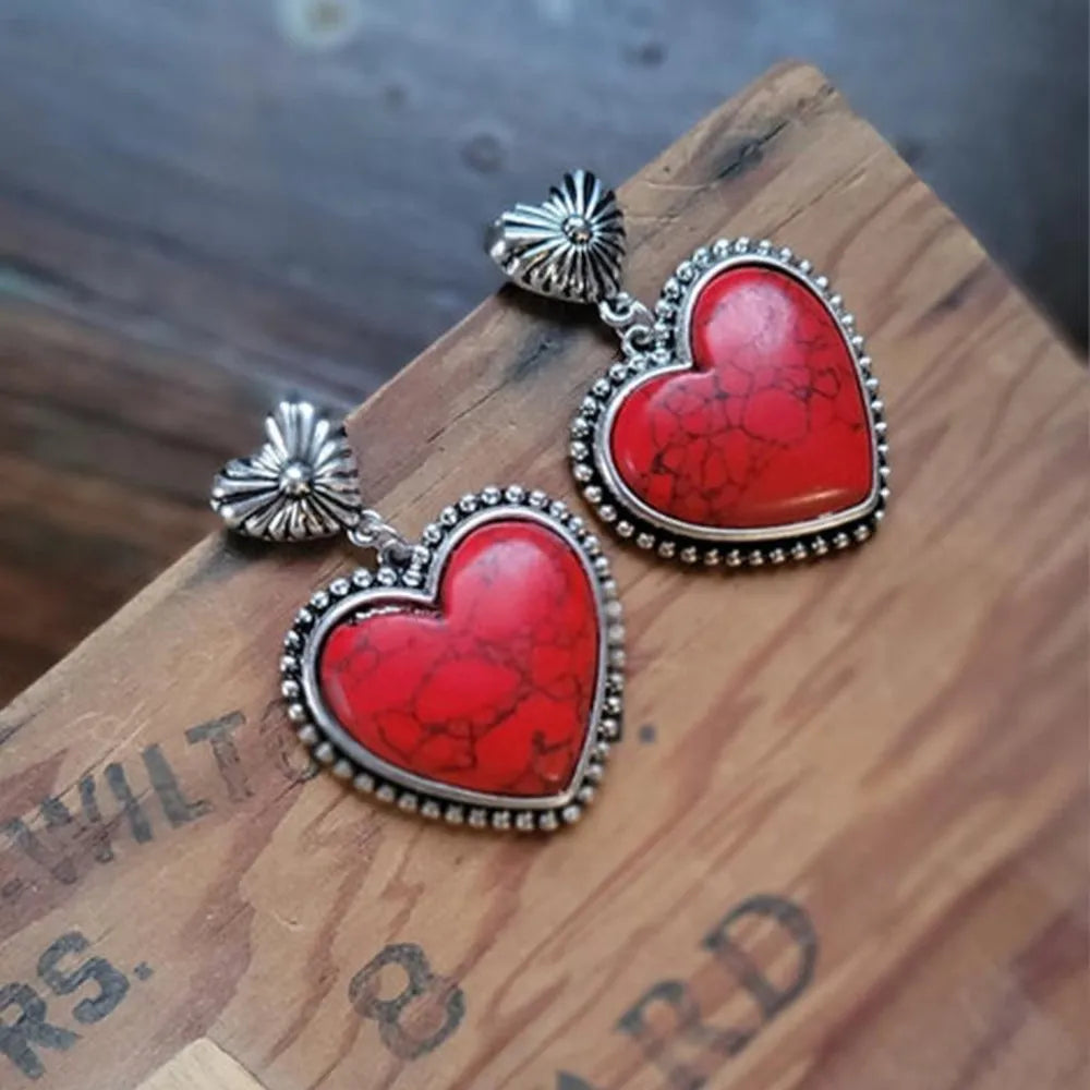 Artificial turquoise alloy heart-shaped dangle earrings with silver-plated detailing