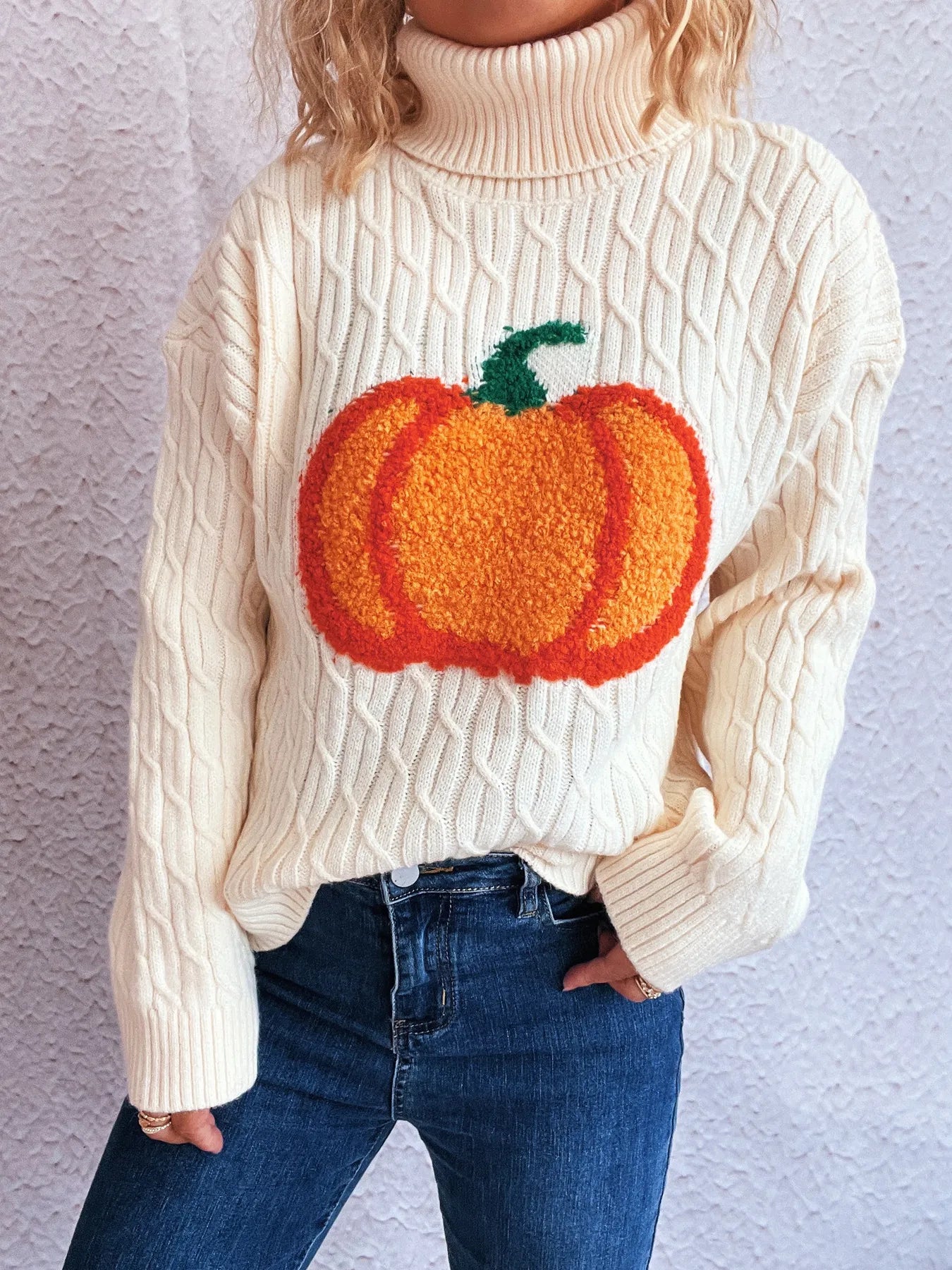 Pumpkin Turtleneck Sweater for Cozy Fall Fashion.
