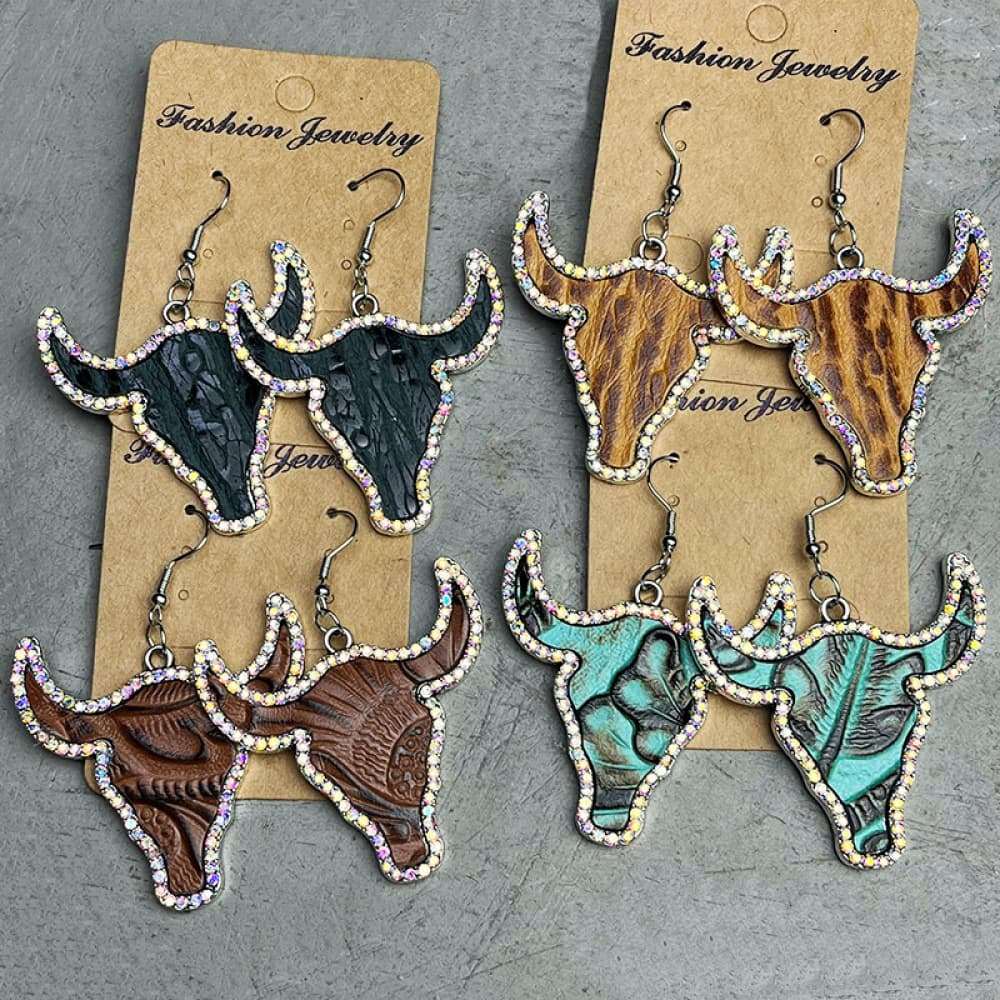 Rhinestone trim alloy bull western style dangle earrings in multiple colors