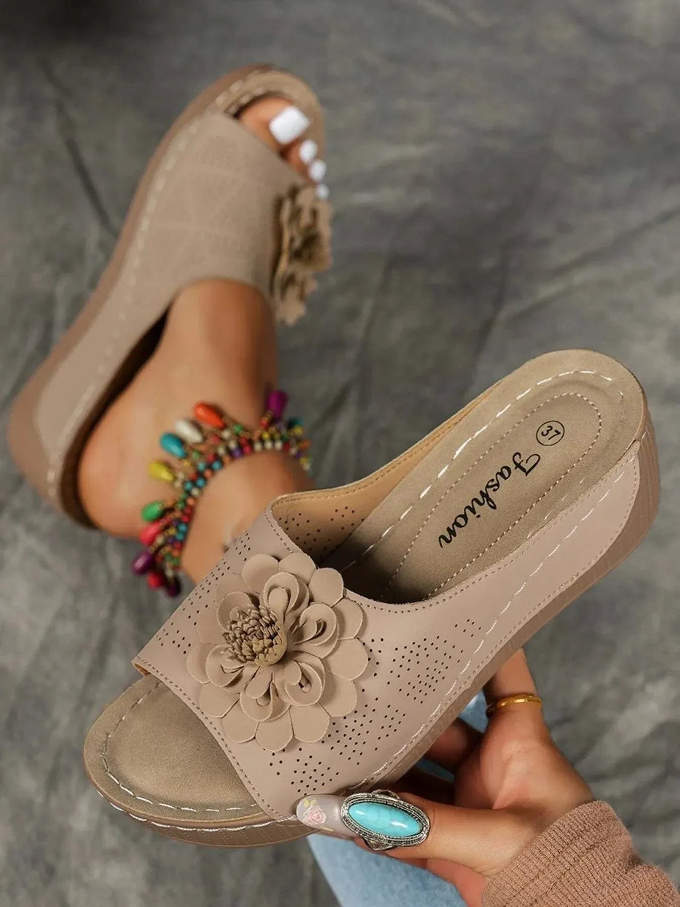 Beige Flower Peep Toe Wedge Sandals with cushioned footbed and floral embellishment for stylish summer comfort