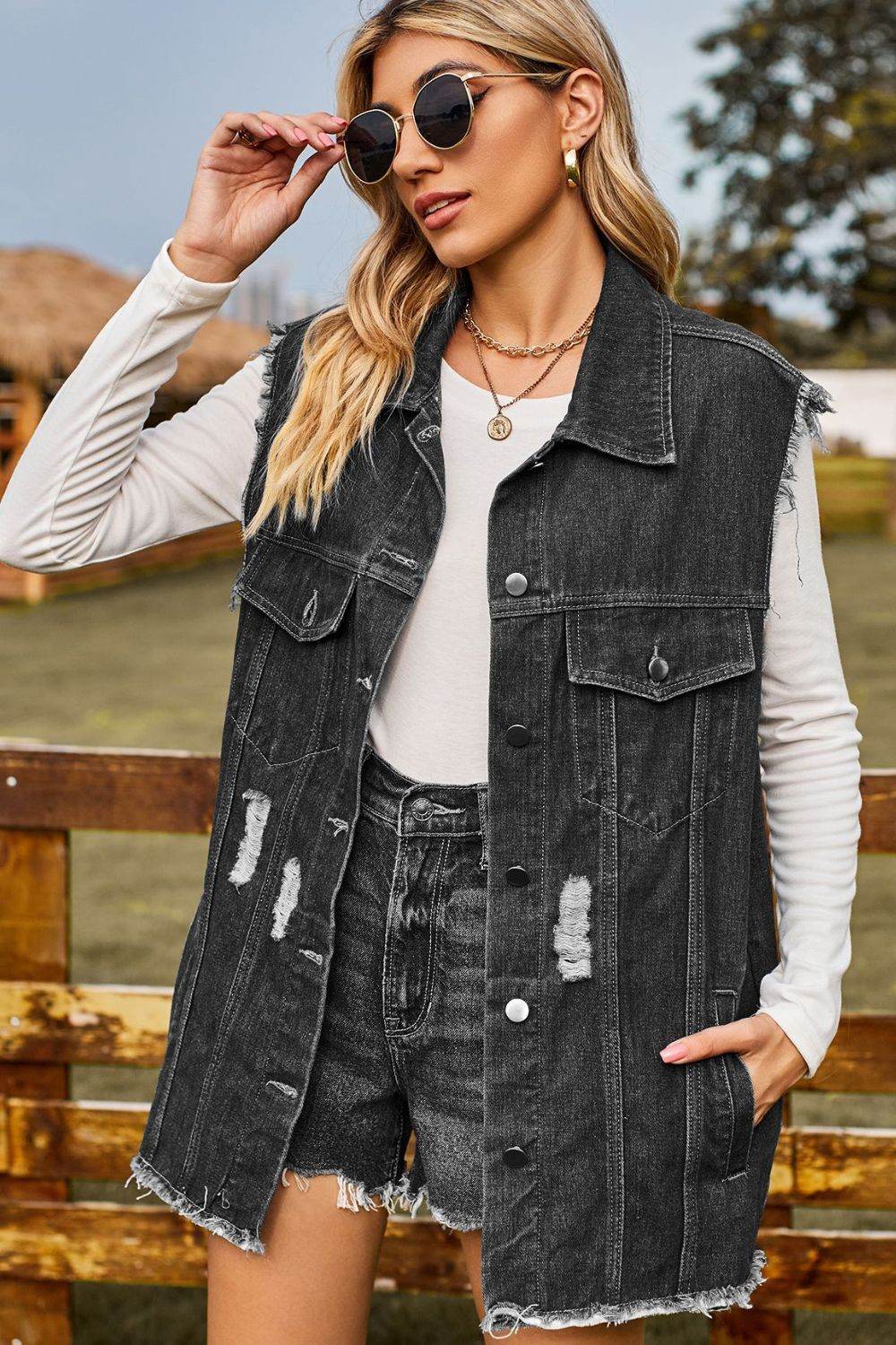 Sleeveless Denim Top - Button-Up Collared Design with Pockets - Redemption By Ashley North