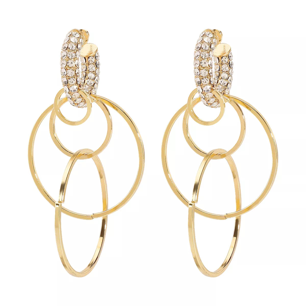 Gold-plated rhinestone hoop dangle earrings with multiple hoop design and sparkling stones