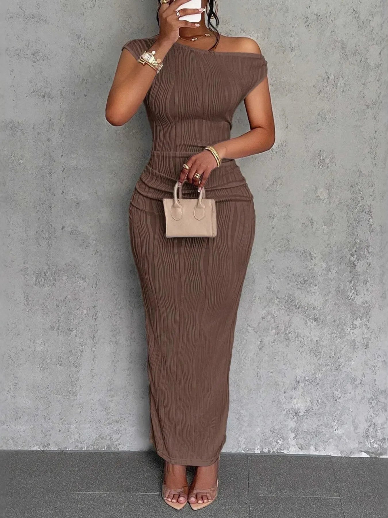 Textured Bodycon Maxi Dress with Single Shoulder Design - Redemption By Ashley North