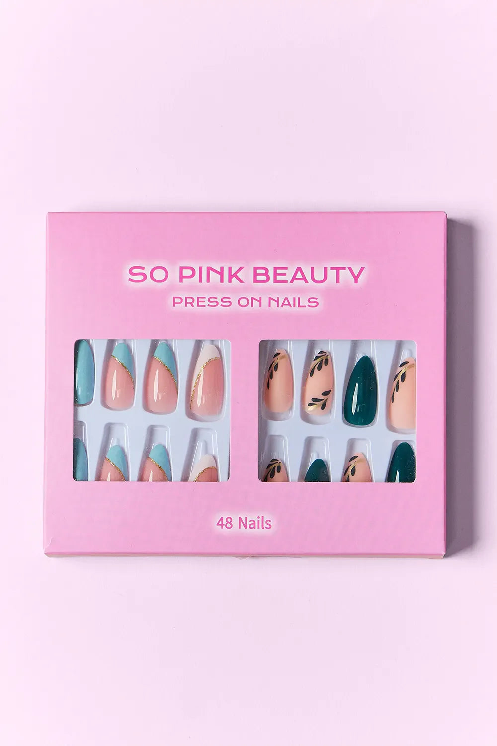 So Pink Beauty 48-piece press on nails two pack with mixed designs and glue in pink packaging