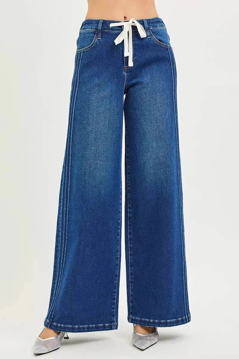 Full size mid rise wide side pintuck jeans with front drawstring in plus size denim