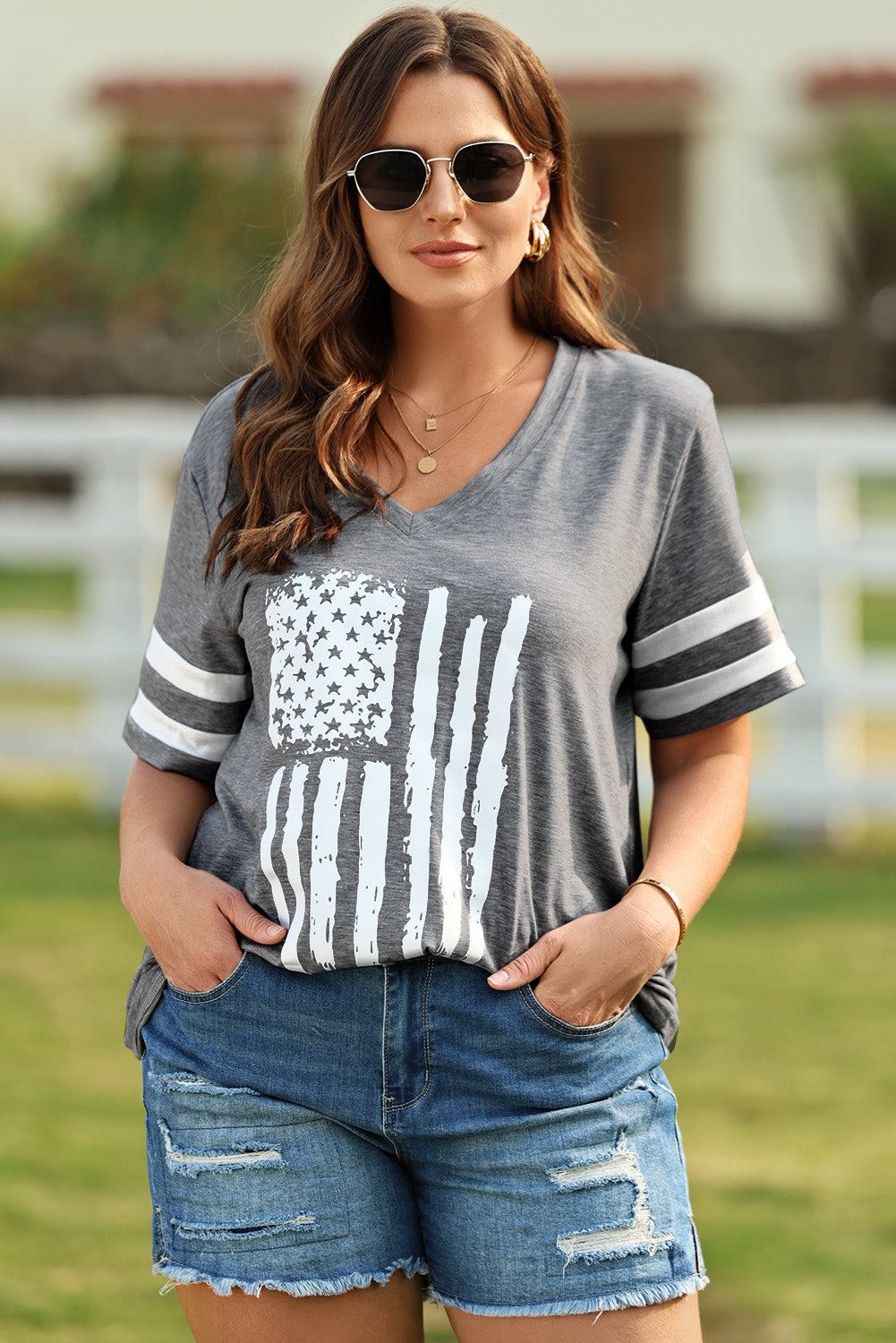 Plus Size US Flag Tee V-Neck T-Shirt for Women - Redemption By Ashley North