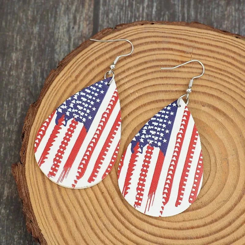 PU Leather US Flag Earrings in Teardrop Shape - Redemption By Ashley North