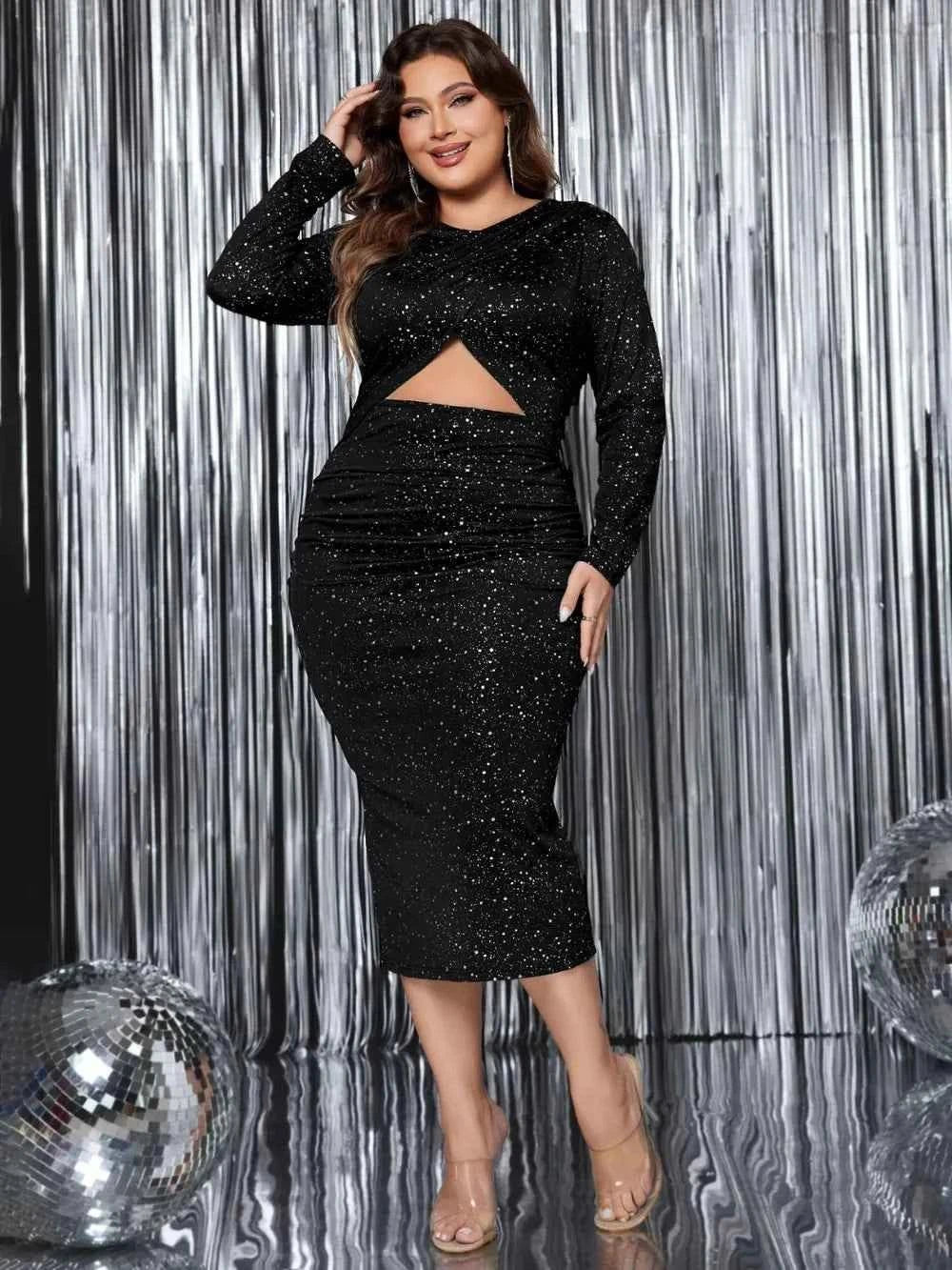 Honey Plus Size Cutout Dress with Slit and Round Neck Long Sleeve - Redemption By Ashley North