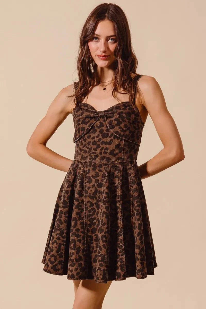 SO ME Mineral Washed Leopard Flare Cami Dress with adjustable straps and flare silhouette