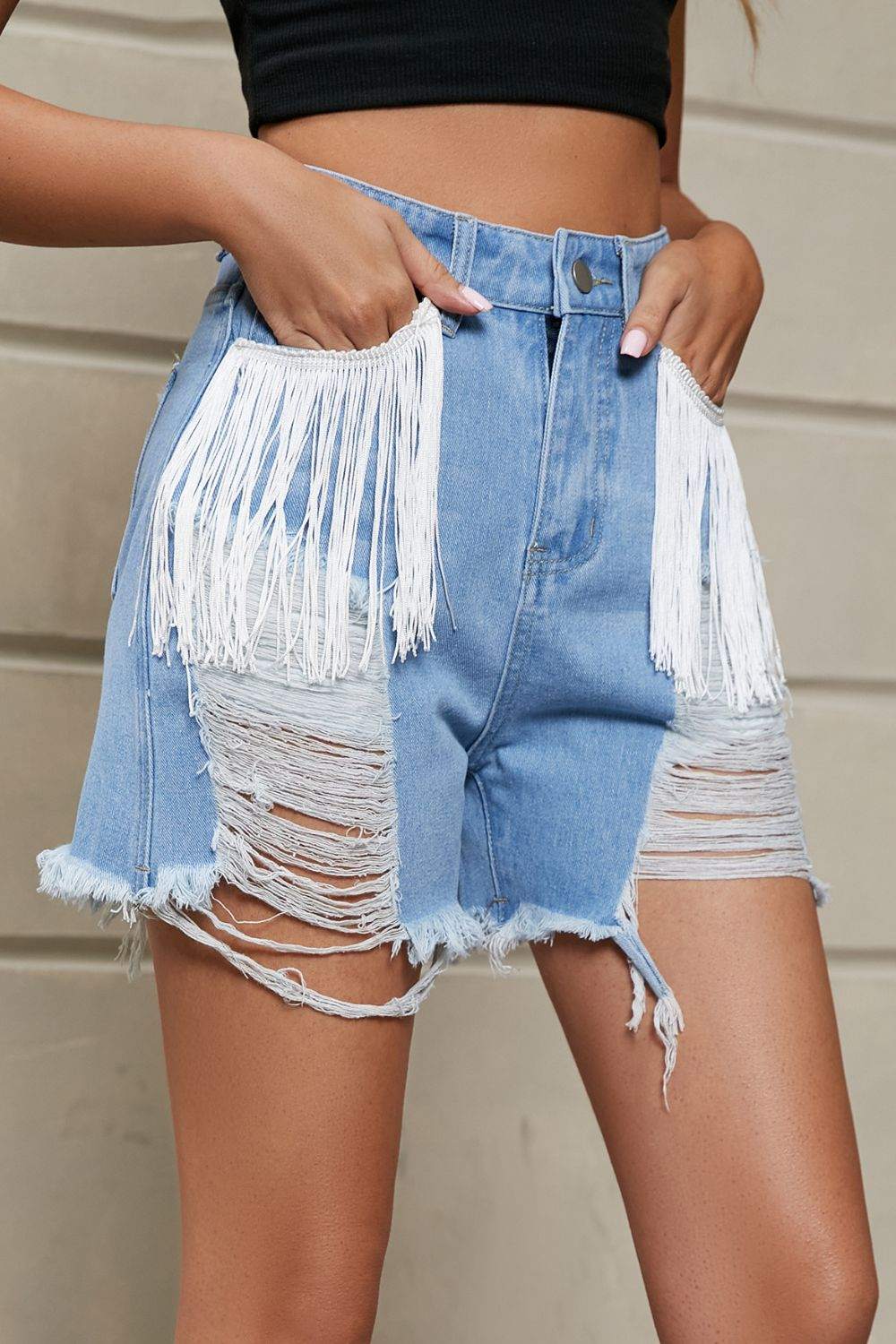 Fringe Trim Denim Shorts with Pockets - Distressed Style - Redemption By Ashley North