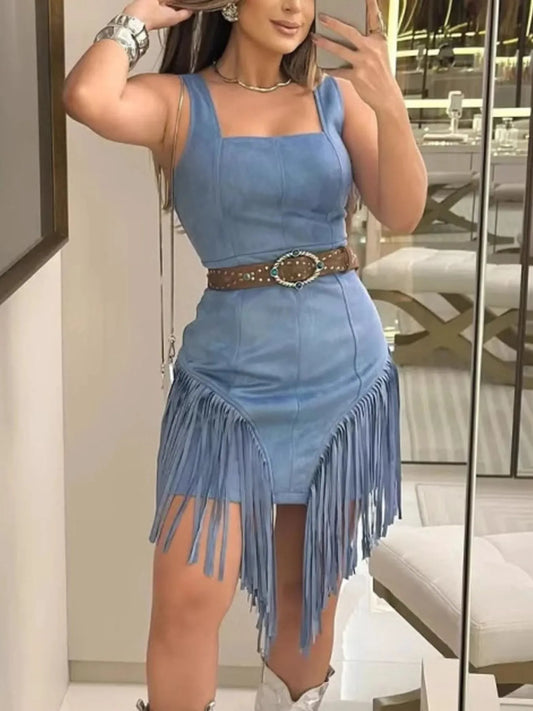 Fringe Bodycon Mini Dress with Square Neck Design.