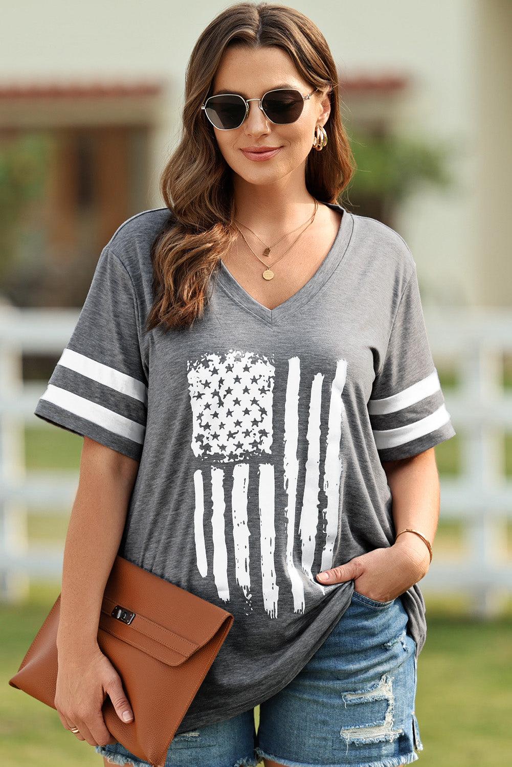 Plus Size US Flag Tee V-Neck T-Shirt for Women - Redemption By Ashley North