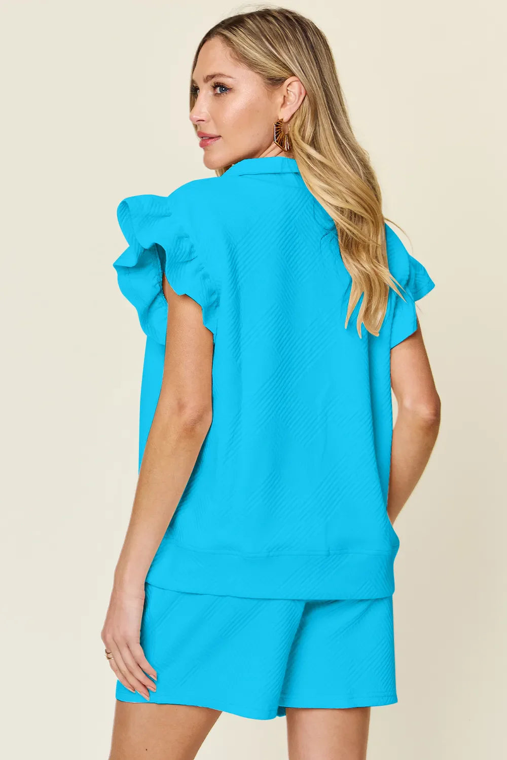 Double Take Full Size blue two-piece set with textured flounce sleeves and drawstring shorts