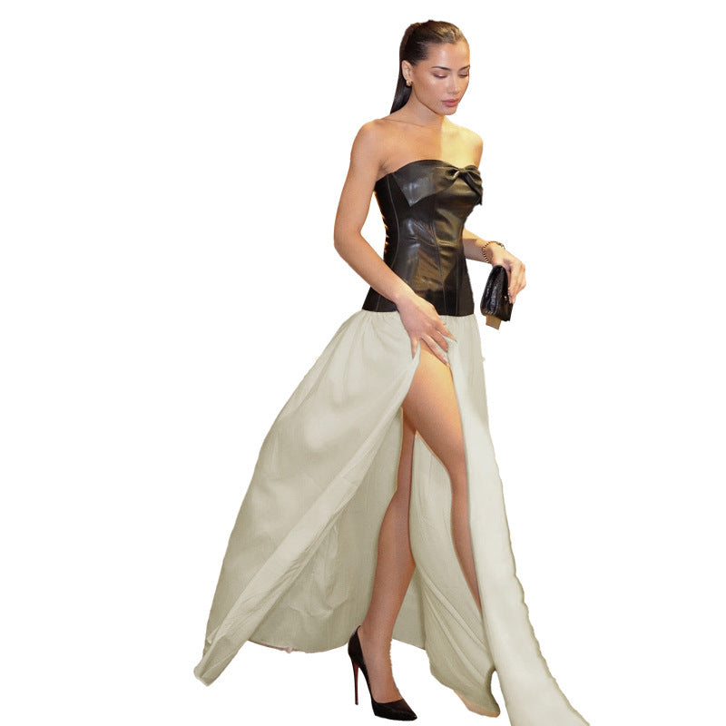 Sexy Mesh Leather Dress - PU Leather Collar Bandeau Slim-fit Dress for Women - Redemption By Ashley North