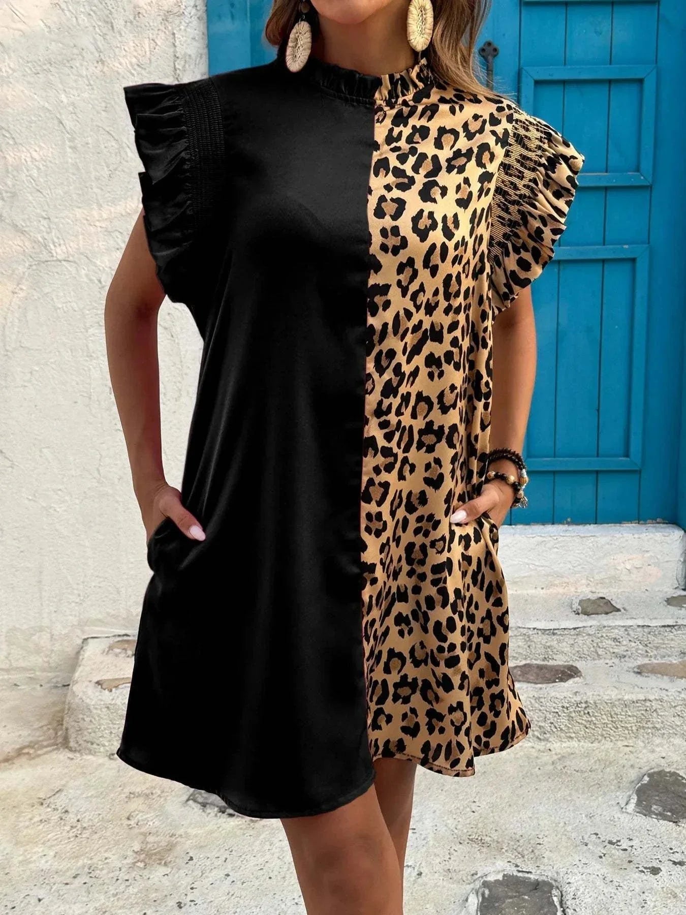 Leopard Color Block Dress with Ruffle Sleeves - Redemption By Ashley North