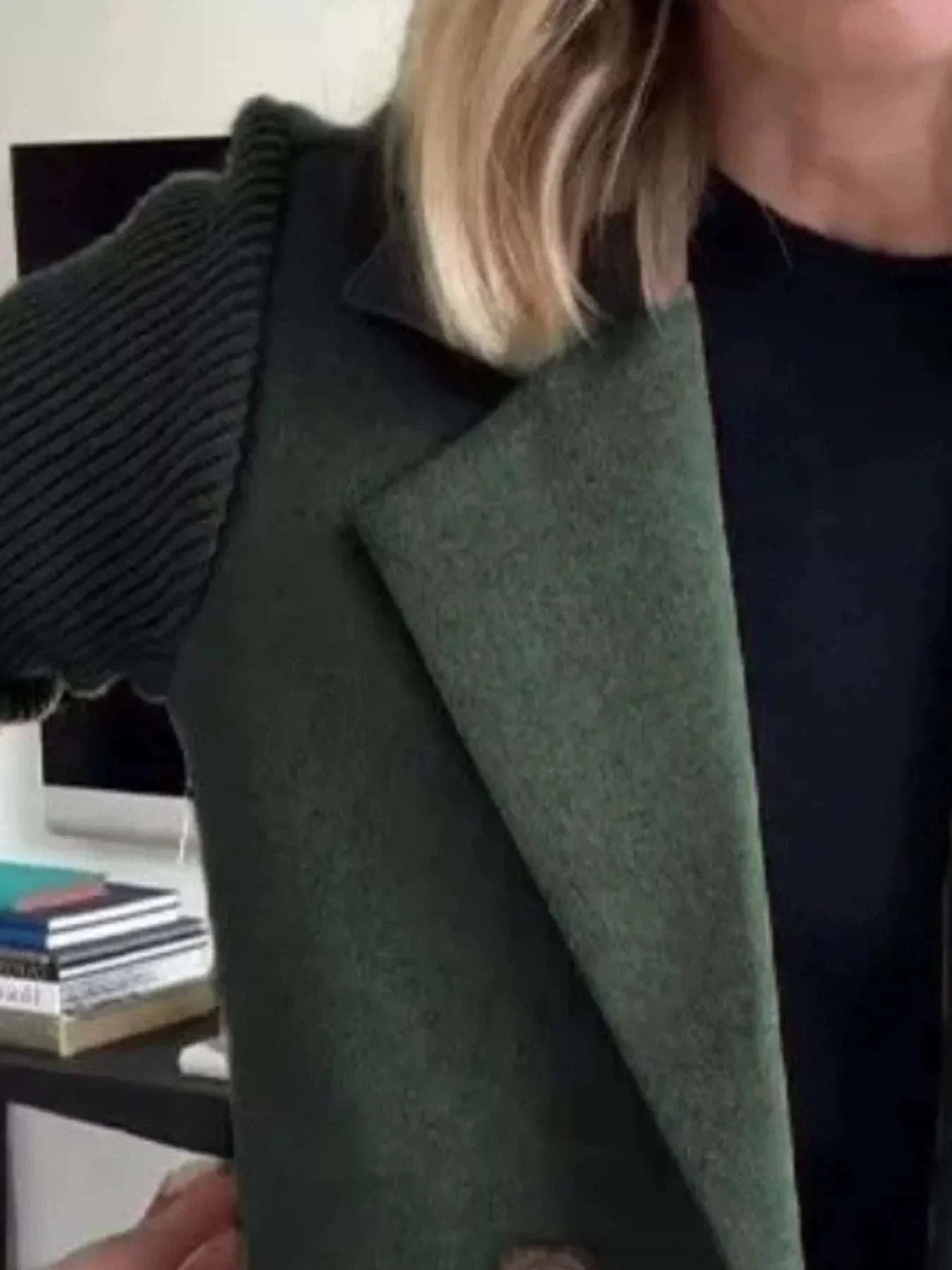 plus size full size knit sleeve double-breasted green outerwear with ribbed sleeves