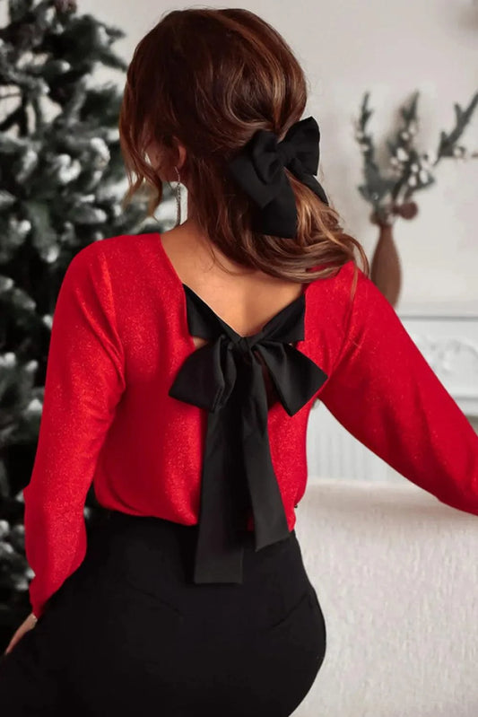 Bowknot V-Neck Long Sleeve Blouse.