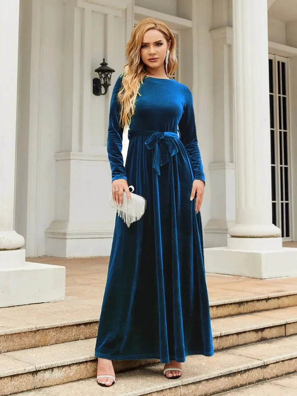 Women’s long sleeve tie front maxi dress in blue velvet with round neck and slight stretch