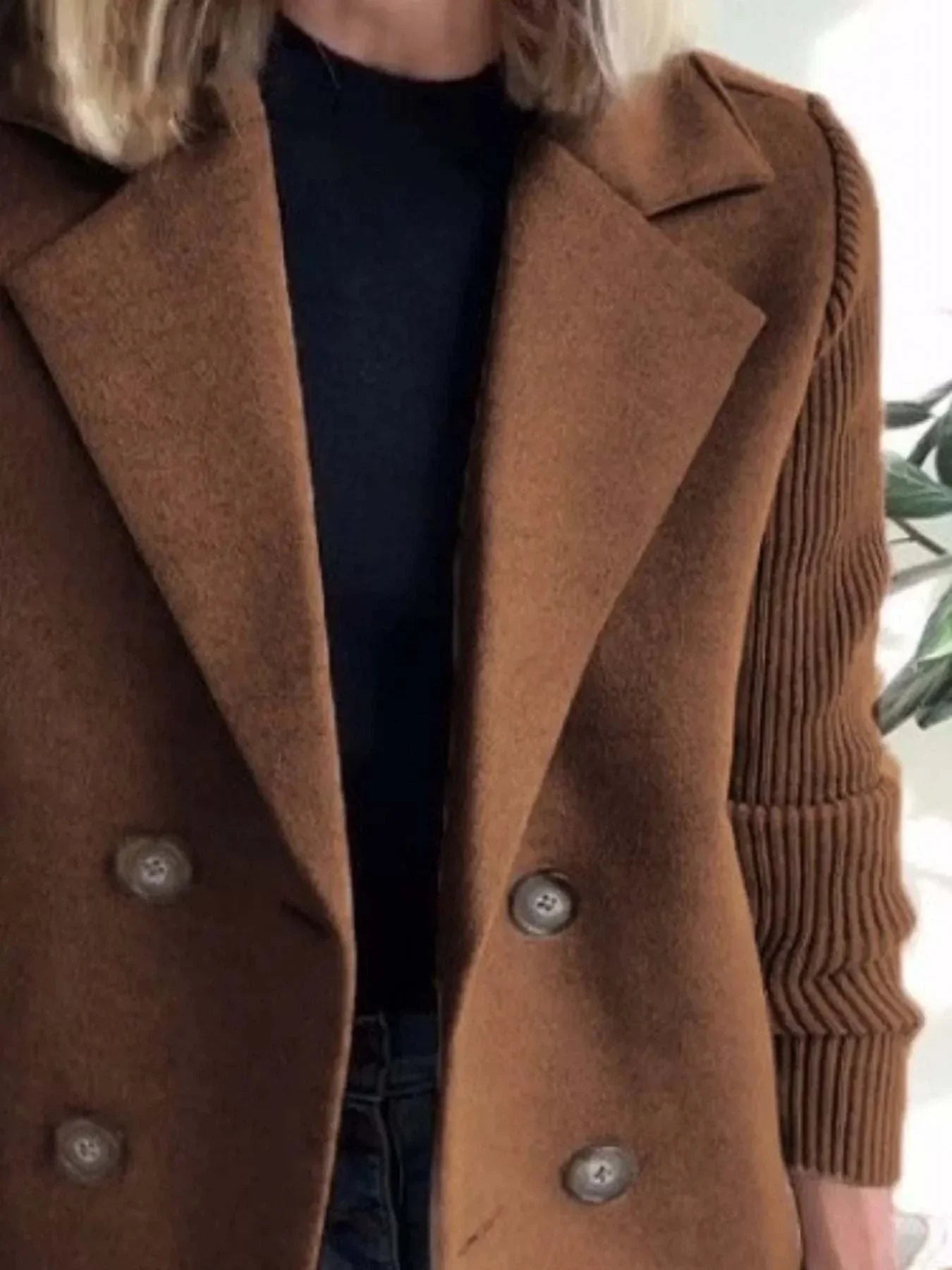 Brown full size knit sleeve double-breasted plus size outerwear with ribbed buttoned design