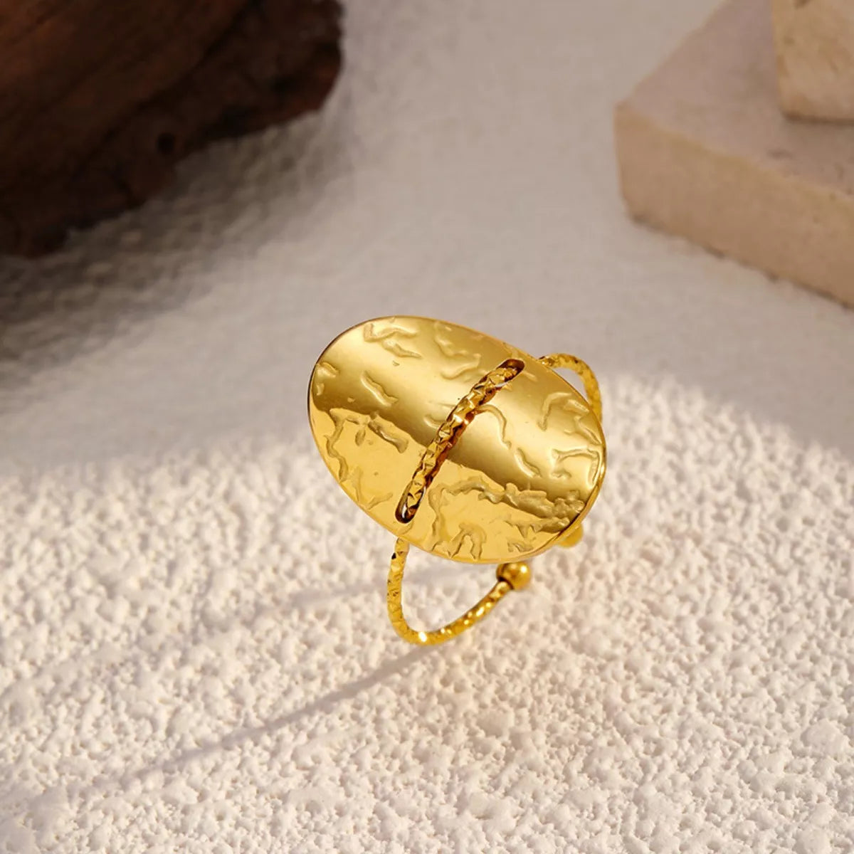 18K gold-plated hammered disc open ring with textured design and stainless steel band