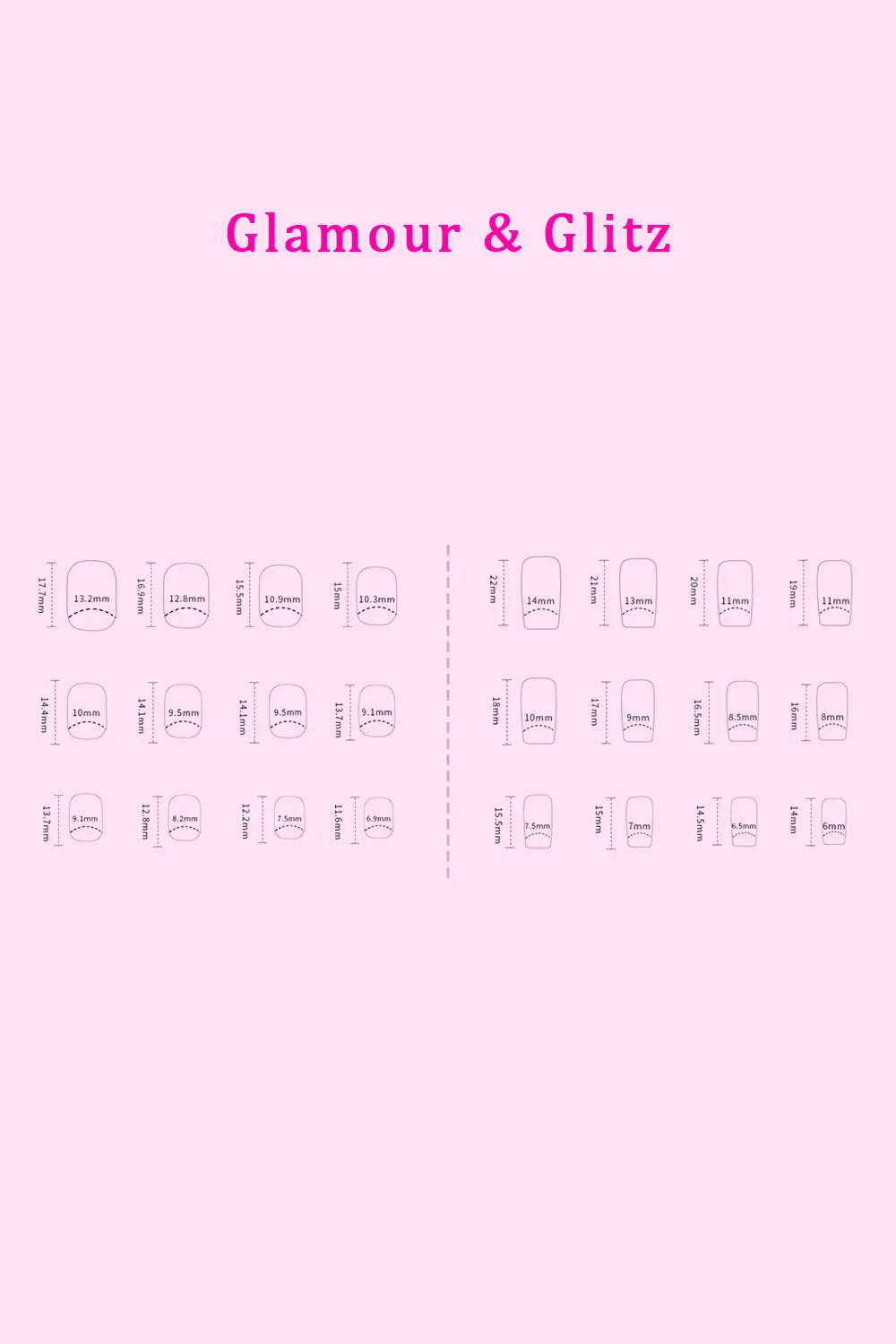 So Pink Beauty Press On Nails Glamour & Glitz size chart for 48-piece set with glue application guide on pink background