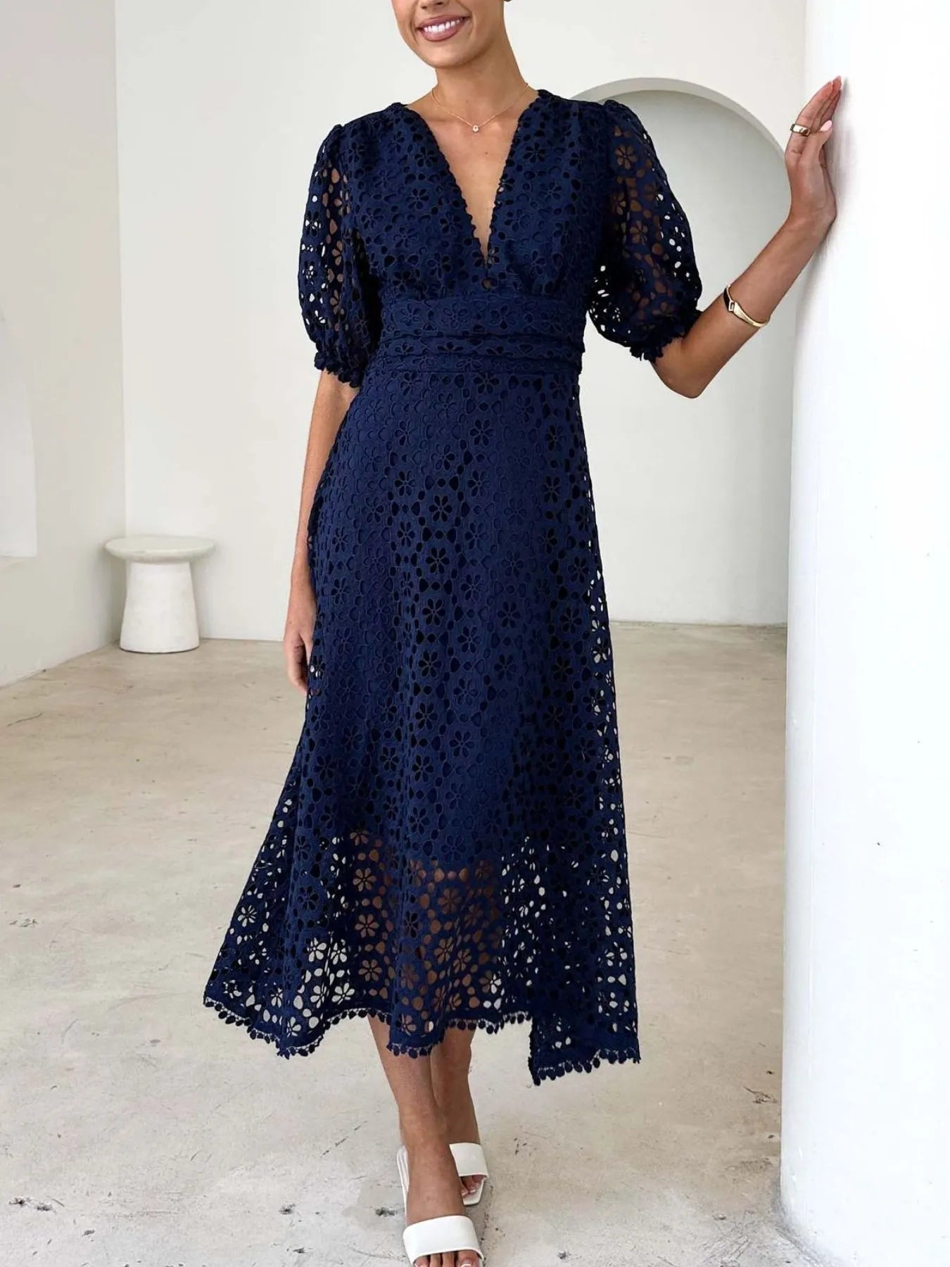 Eyelet Lace V-Neck Midi Dress with Puff Sleeves - Redemption By Ashley North