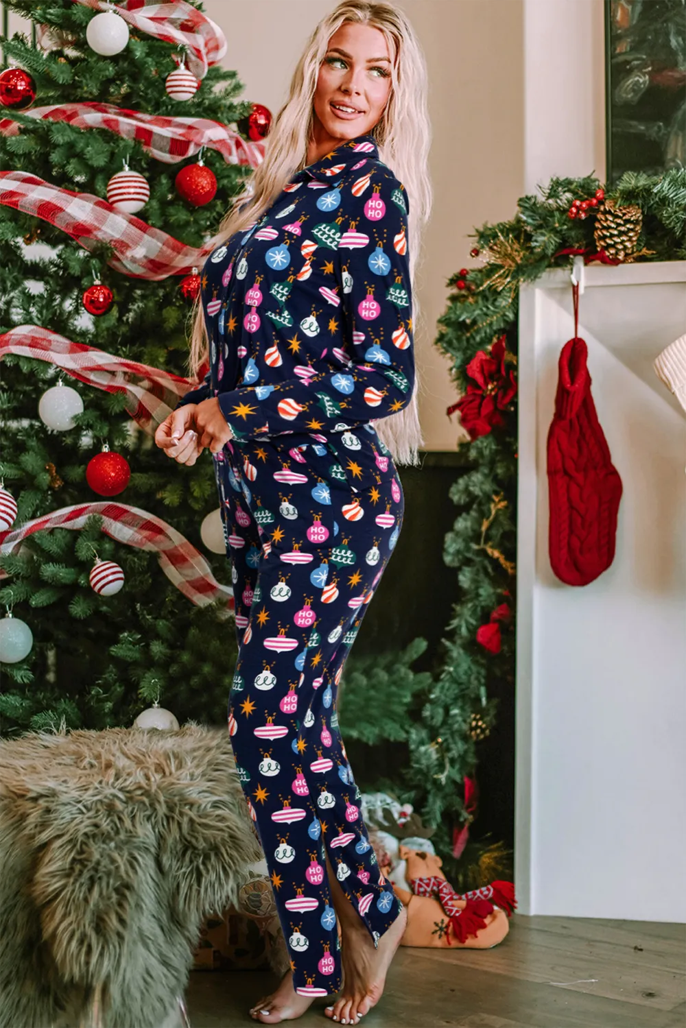Christmas Lights Print Collared Neck Top and Pants SetFeatures: Basic style
Number of pieces: One-piece
Stretch: Slightly stretchy
Material composition: 95% polyester, 5% elastane
Care instructions: Machine wash cold. TRedemption By Ashley NorthChristmas Lights Print