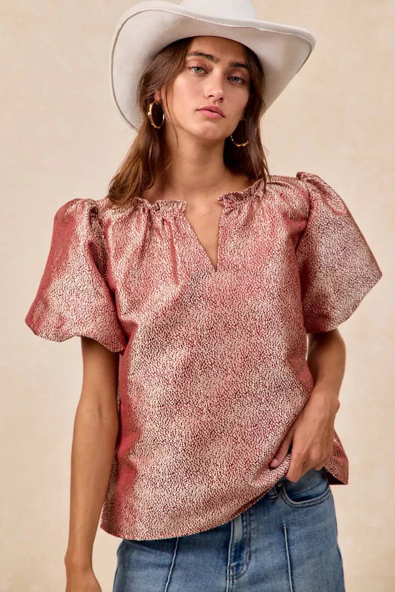 BiBi Jacquard Woven short balloon sleeve V-neck top in textured fabric