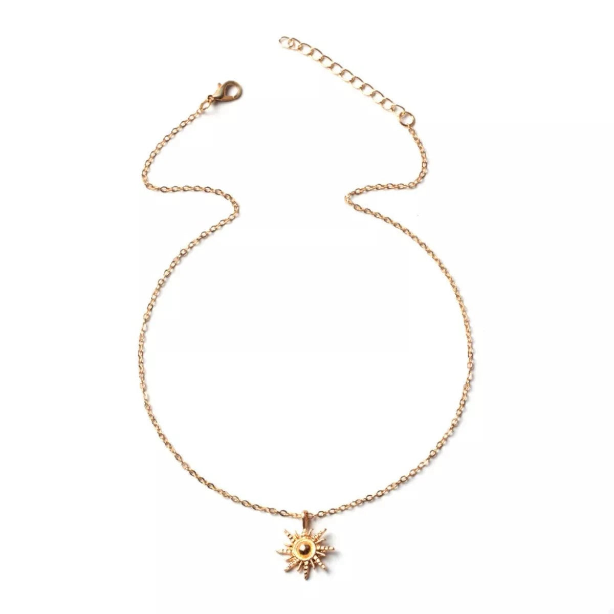 Sunburst Pendant NecklacePieces:1-piece
Material:18K Gold-Plated,Zinc alloy,Silver-plated
Care instructions:Avoid wearing during exercise, as sweat will react with the jewelry to produce silSunburst Pendant Necklace