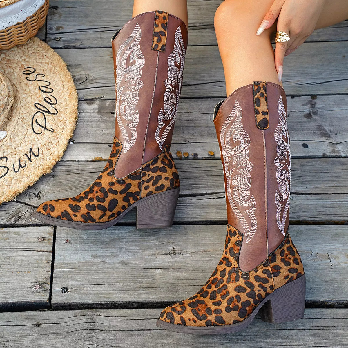 Western Embroidered Mid-Calf Boots.