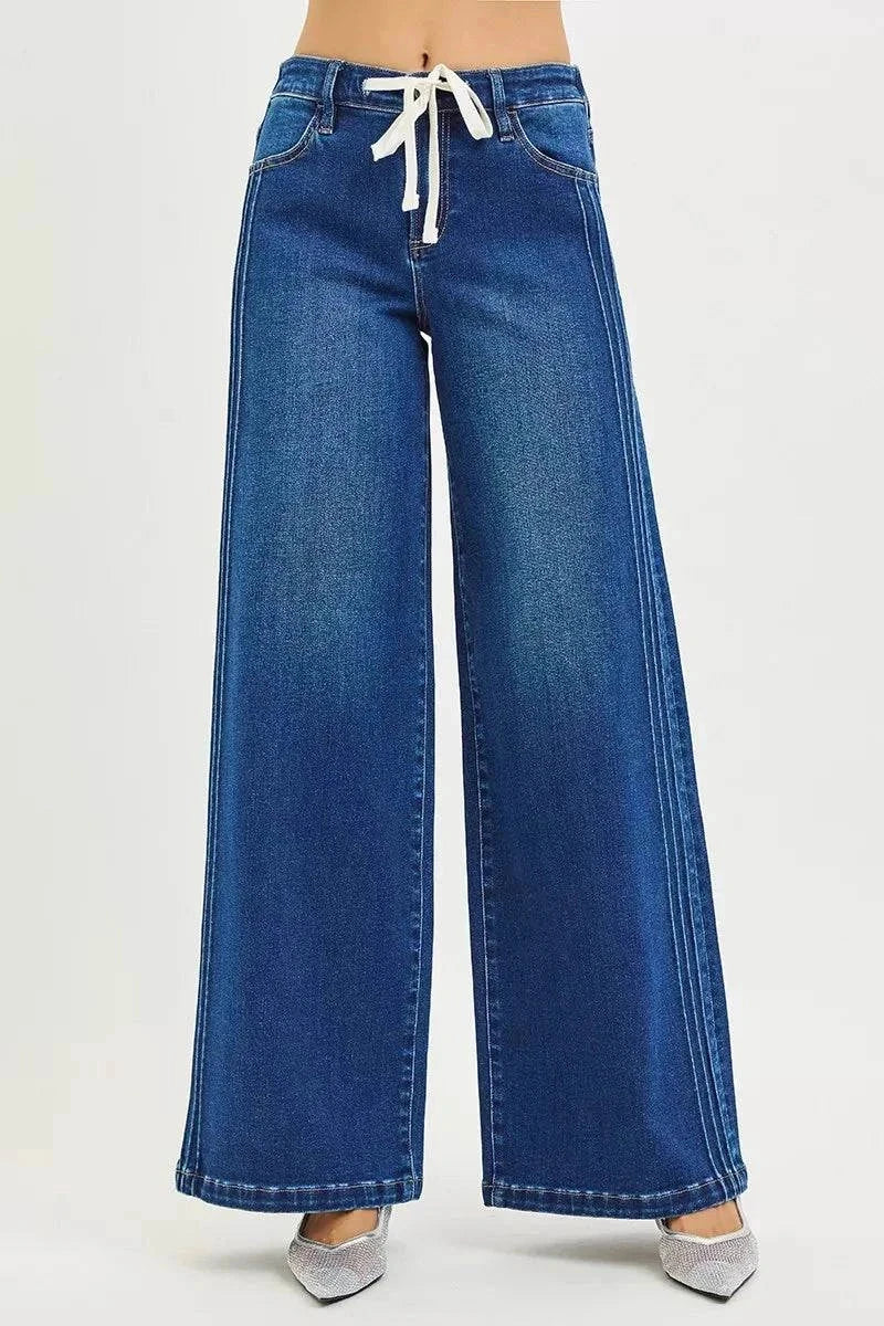 Full size mid rise wide side pintuck jeans with front drawstring in plus size denim