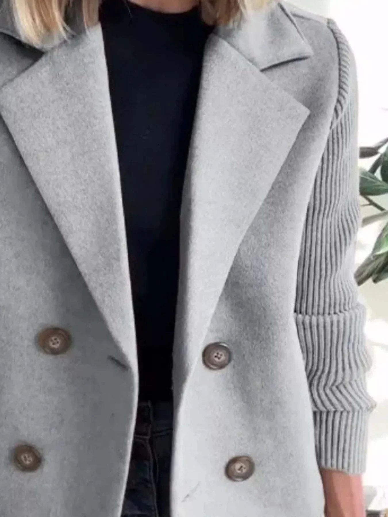 Plus size double-breasted outerwear with ribbed full size knit sleeves in grey polyester fabric