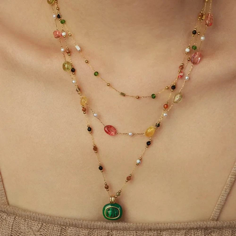 Titanium steel gold-plated double bead necklace with synthetic pearls and natural stones including malachite pendant